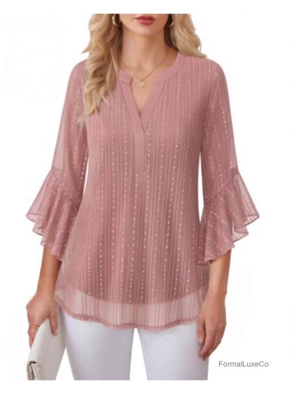 Lotusmile Women's 3/4 Sleeve Dressy Blouse V Neck Work Party Top
